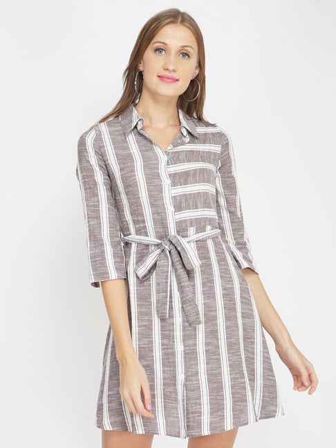 Oxolloxo Light Brown Cotton Striped Wrap Dress Price in India