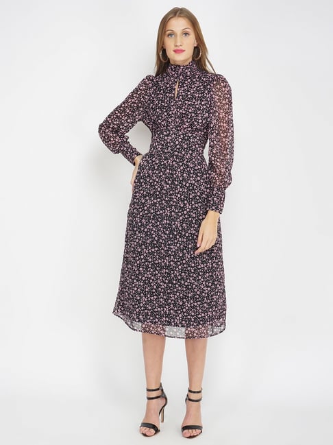 Oxolloxo Black & Pink Floral Print Fit & Flare Dress