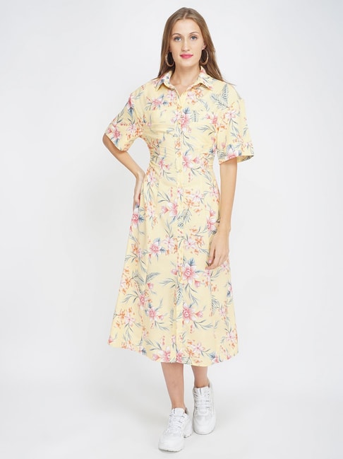 Oxolloxo Yellow Printed Shirt Dress Price in India