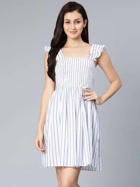 Oxolloxo White & Blue Cotton Striped Skater Dress Price in India