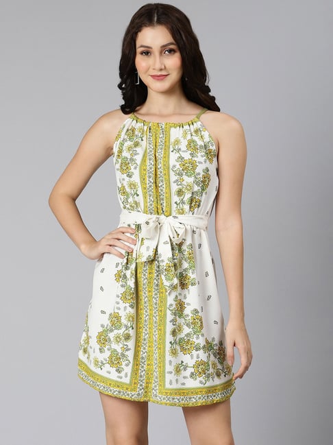 Oxolloxo Green & White Cotton Floral Print Wrap Dress Price in India