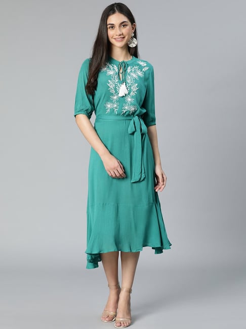 Oxolloxo Teal Embroidered Wrap Dress Price in India