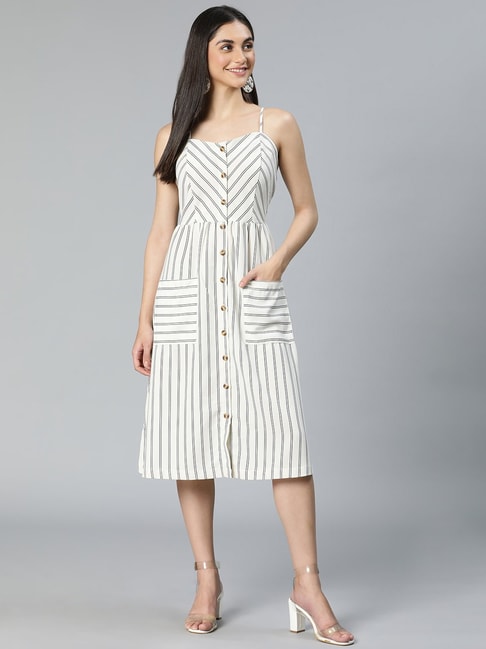 Oxolloxo White & Grey Cotton Striped Midi Dress Price in India