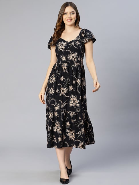 Oxolloxo Black Floral Print Midi Dress Price in India