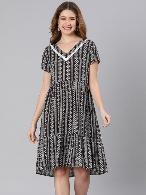 Oxolloxo Black & White Printed A Line Dress Price in India