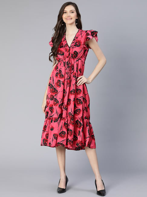 Oxolloxo Pink Floral Print Fit & Flare Dress Price in India