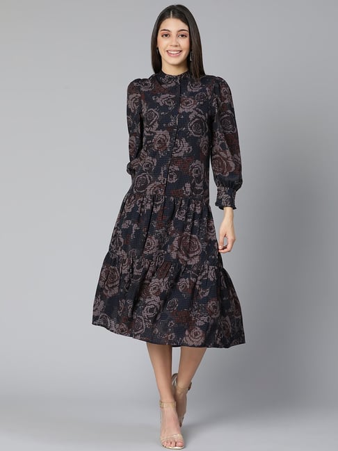 Oxolloxo Black & Brown Floral Print Midi Dress Price in India