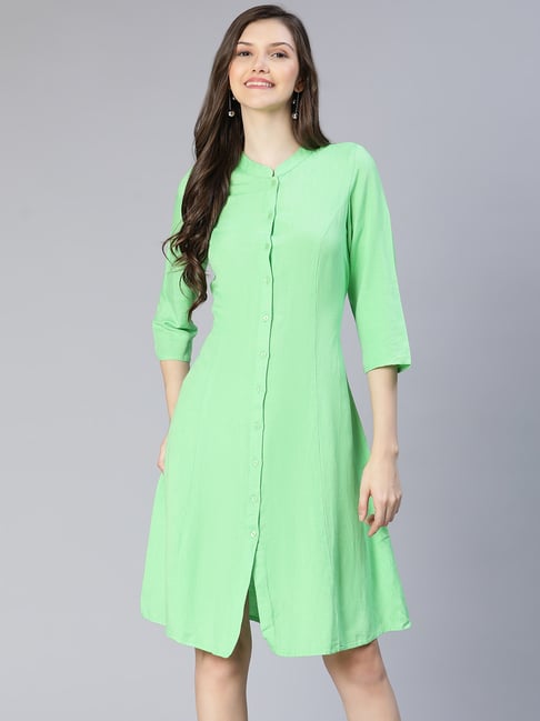 Oxolloxo Sea Green Cotton Regular Fit Shirt Dress