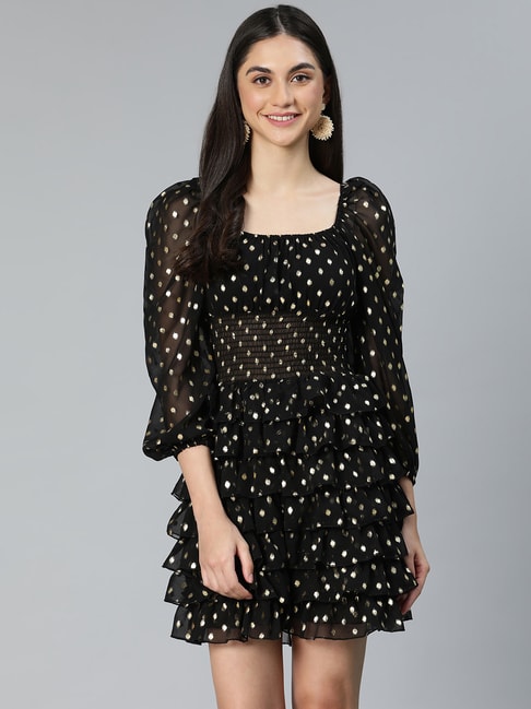 Oxolloxo Black Printed Fit & Flare Dress Price in India