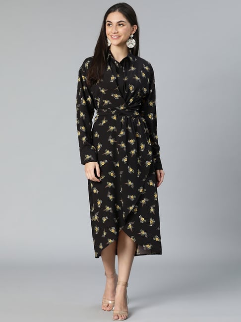 Oxolloxo Black Floral Print High-Low Dress Price in India