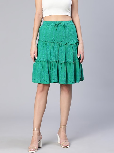Oxolloxo Green Viscose Self Design Skirt Price in India