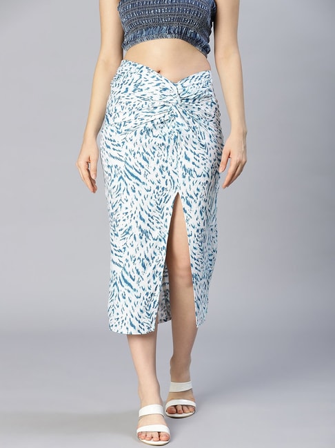 Oxolloxo Blue & White Viscose Printed Skirt Price in India