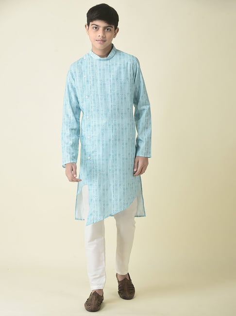 TABARD Kids Blue White Printed Full Sleeves Kurta with Churidar