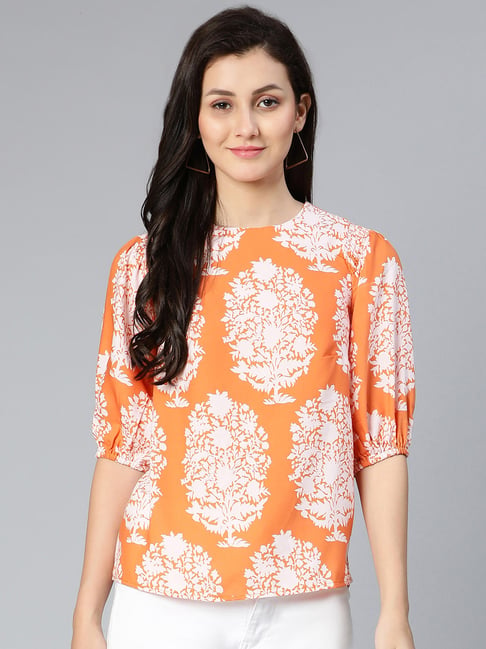 Oxolloxo Orange & White Viscose Printed Top-picture-38