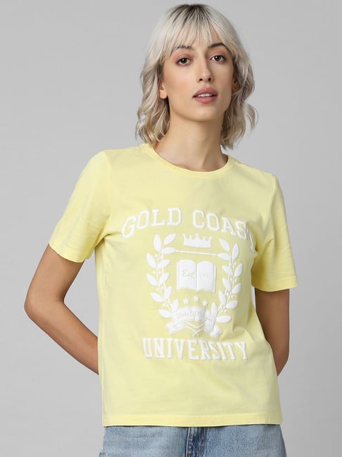 Only Light Yellow Cotton Printed T-Shirt