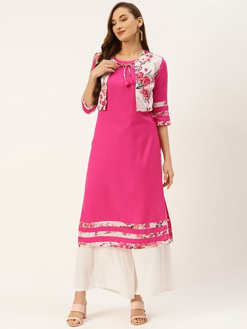 Alsace Lorraine Paris Pink Printed Straight Kurta With Jacket Price in India