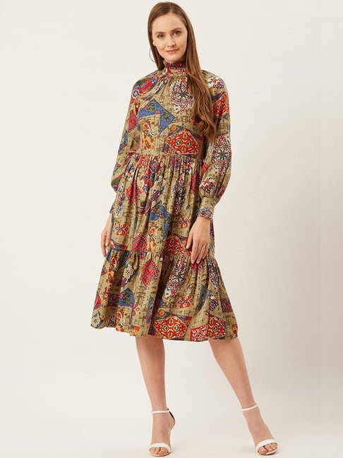 Alsace Lorraine Paris Beige Printed A-Line Dress Price in India