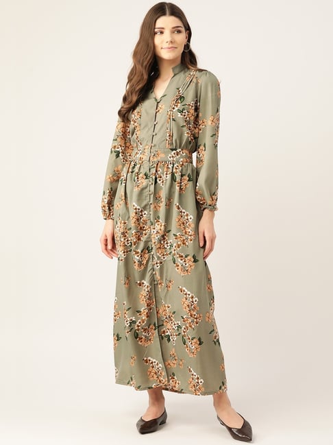 Alsace Lorraine Paris Olive Green Printed A-Line Dress Price in India