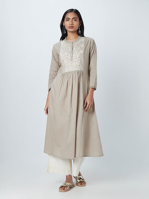 Utsa by Westside Taupe A-Line Embroidered Kurta Price in India