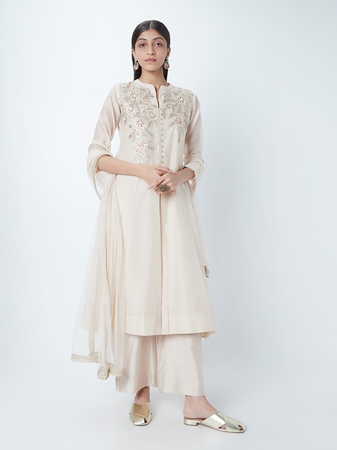 Vark by Westside Beige A-Line Kurta, Inner, Palazzos, Stole Price in India