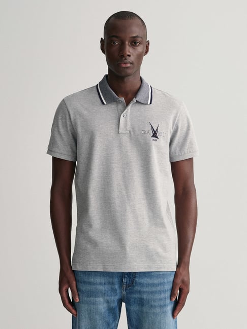 GANT Grey Melange Regular Fit Cotton Polo T Shirt