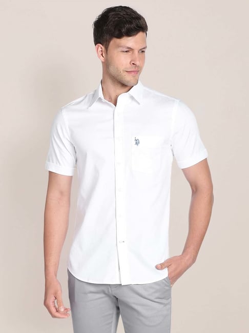 U S Polo Assn U.S. Polo Assn. White Self Design Regular Fit Cotton Shirt