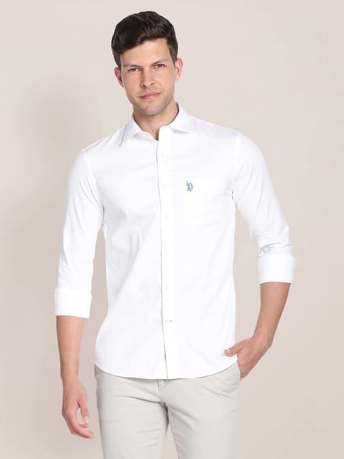 U S Polo Assn U.S. Polo Assn. White Self Design Regular Fit Cotton Shirt