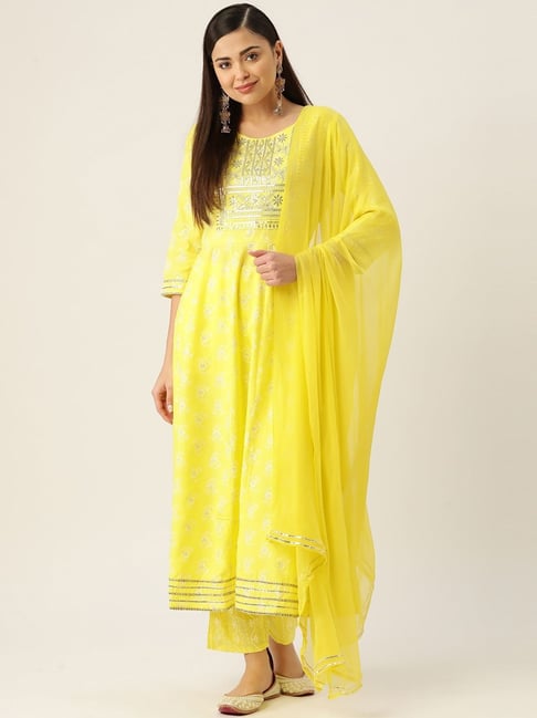 maaesa Lime Green Embroidered Kurta Pant Set With Dupatta Price in India