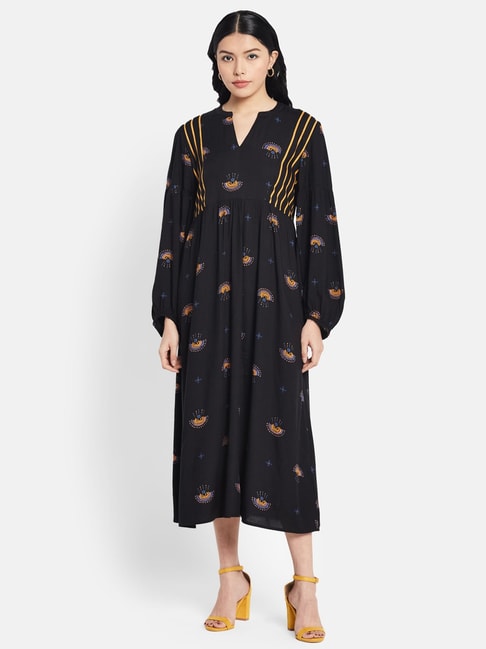Fabindia Black Printed A-Line Dress Price in India