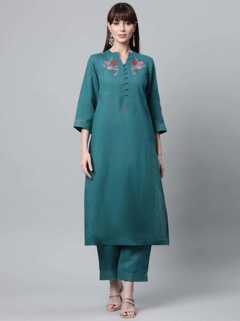 Linen Club Woman Teal Blue Linen Embroidered Kurta Pant Set Price in India