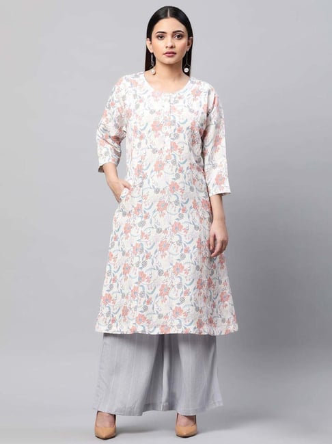 Linen Club Woman White & Grey Linen Floral Print Kurta Palazzo Set Price in India