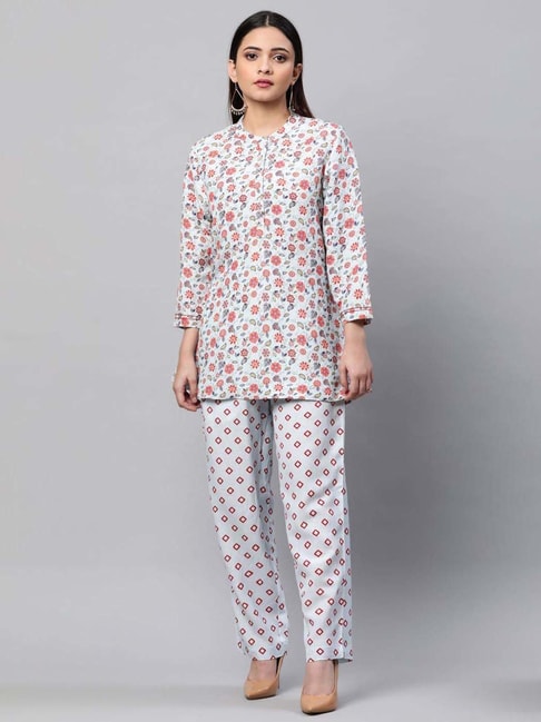 Linen Club Woman Off-White & Blue Linen Floral Print Kurti Pant Set Price in India
