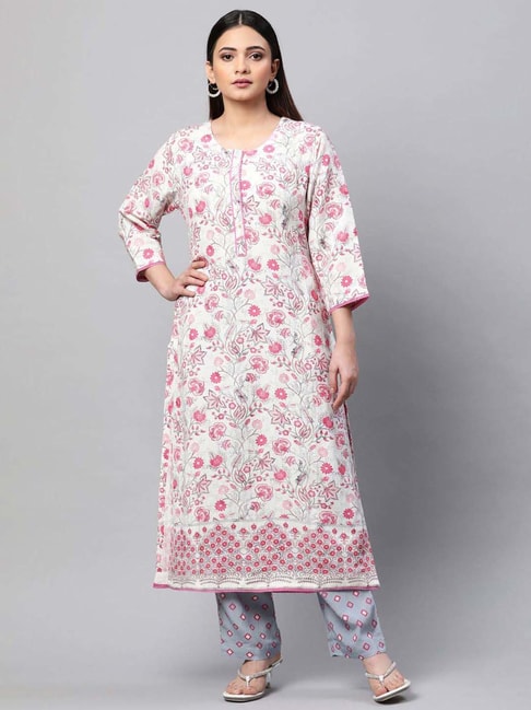 Linen Club Woman White & Grey Linen Floral Print Kurta Pant Set Price in India