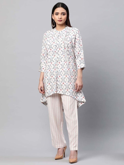 Linen Club Woman Off-White & Blue Linen Floral Print Kurti Pant Set Price in India