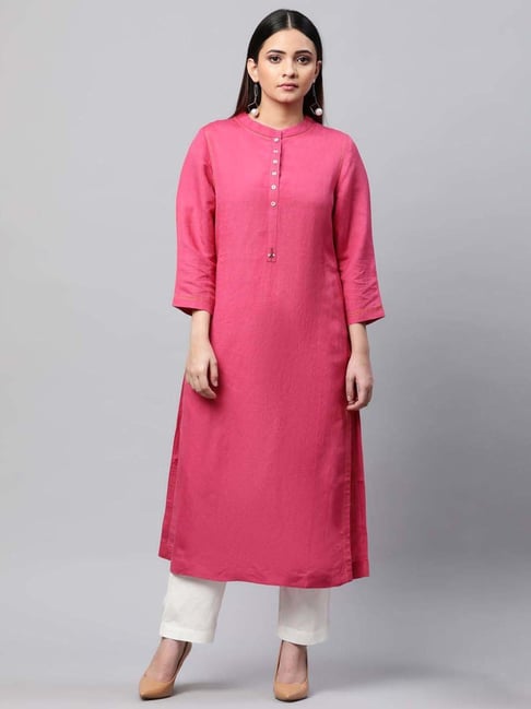 Linen Club Woman Pink Linen Embroidered Straight Kurta Price in India
