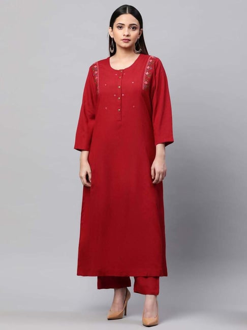 Linen Club Woman Red Linen Embroidered A Line Kurta Price in India