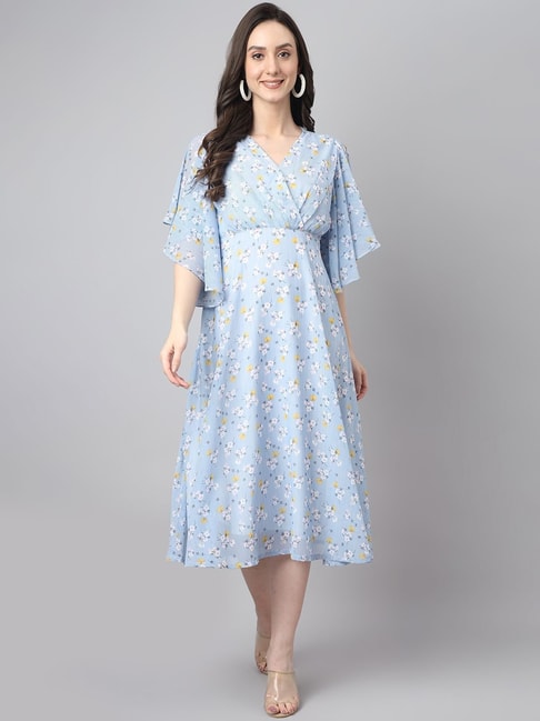 Janasya Blue Floral Print A-Line Dress Price in India