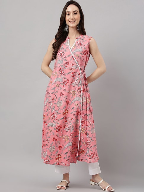 Janasya Pink Cotton Floral Print Angrakha Kurta Price in India