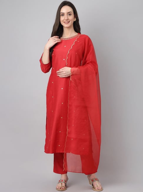 Janasya Red Embroidered Kurta Pant Set With Dupatta Price in India