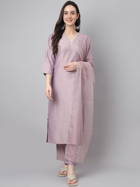 Janasya Purple Embroidered Kurta Pant Set With Dupatta Price in India