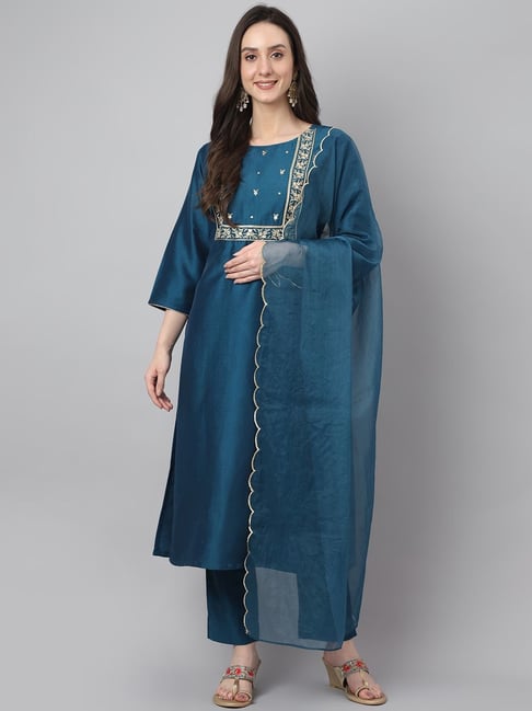 Janasya Teal Blue Embroidered Kurta Pant Set With Dupatta Price in India