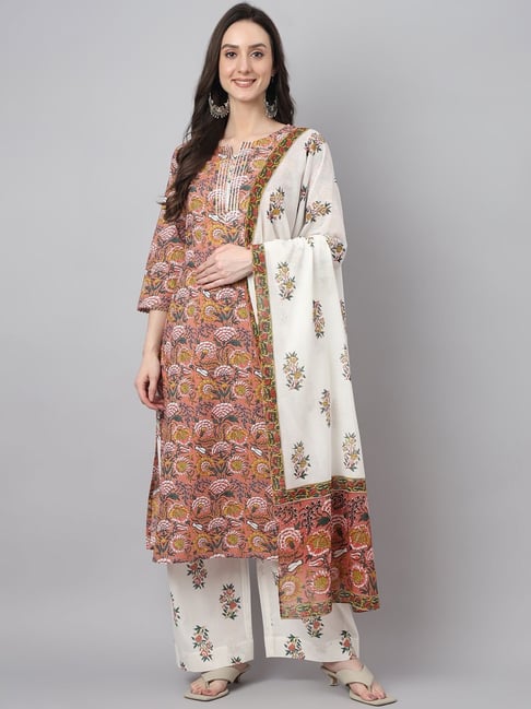 Janasya Peach & White Cotton Floral Print Kurta Palazzo Set With Dupatta Price in India