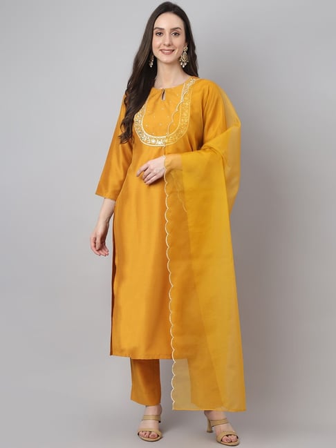 Janasya Mustard Embroidered Kurta Pant Set With Dupatta Price in India