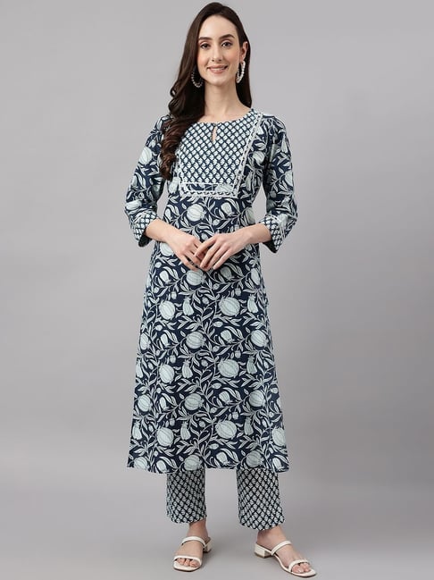 Janasya Blue Cotton Floral Print Kurta Pant Set Price in India
