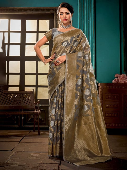 Elora Grey Linen Woven Saree With Unstitched Blouse Price in India