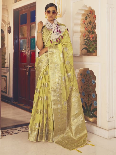 Elora Yellow Linen Woven Saree With Unstitched Blouse Price in India