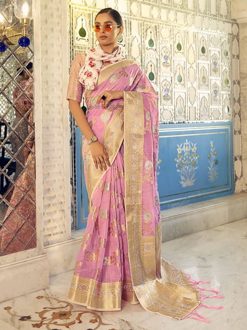 Elora Pink Linen Woven Saree With Unstitched Blouse Price in India