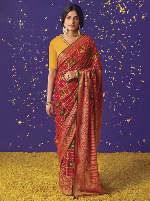 Elora Red Silk Woven Saree With Unstitched Blouse Price in India