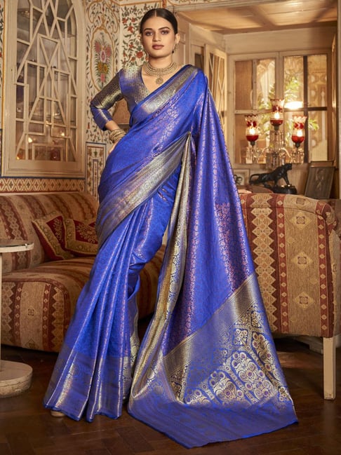 Elora Blue Silk Woven Saree With Unstitched Blouse Price in India