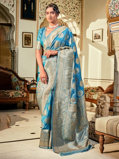 Elora Blue Woven Saree With Unstitched Blouse Price in India